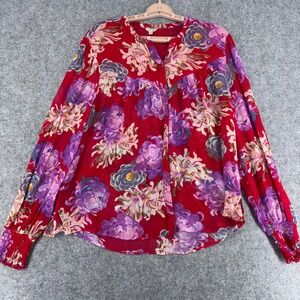 Jigsaw England Red Floral Crinkle Viscose Blouse Smocked Cuff US 8 UK 12 BoHo